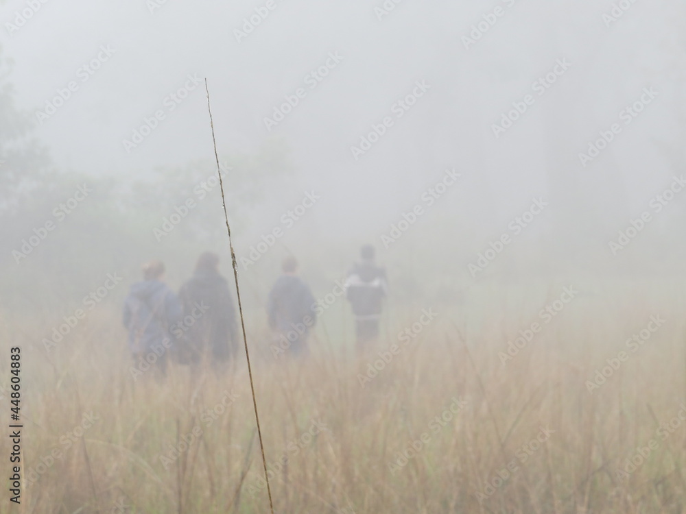 Hikers in Nepalese mist 