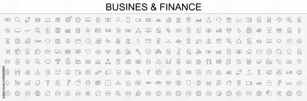 Big set Business icons. Business and Finance web icons. Vector business and finance editable stroke line icon set with money, bank, check, auction, payment, wallet, deposit.  Vector illustration. - obrazy, fototapety, plakaty 