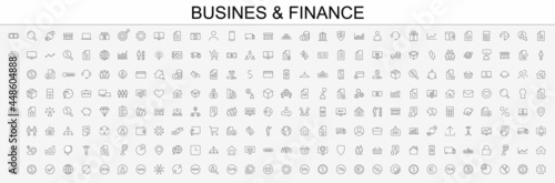 Big set Business icons. Business and Finance web icons. Vector business and finance editable stroke line icon set with money, bank, check, auction, payment, wallet, deposit.  Vector illustration.