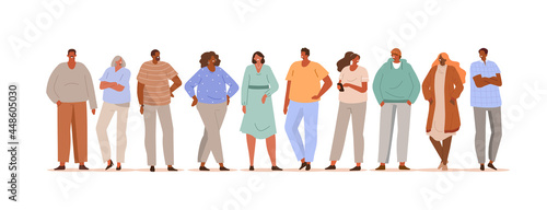 Diverse multicultural different ages people standing together in group. Happy elderly, young and adult characters. Social diversity concept. Flat cartoon vector Illustration.