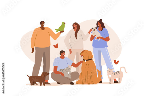 People in animal shelter playing, relaxing and spending time with pets. Characters take care of dogs, cats and bird. Pet sitters and animal lovers Concept.  Flat cartoon vector Illustration.
