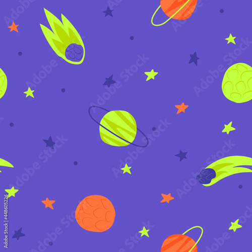 Seamless space background with planets and stars. Space design of baby products. Flat vector illustration.