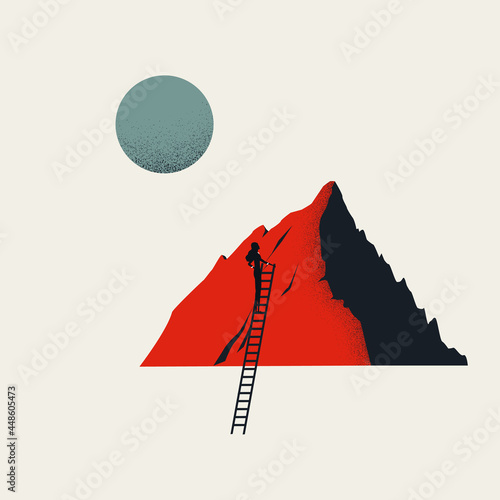 Business woman climbing corporate ladder vector concept. Symbol of ambition, promotion, motivation. Minimal illustration