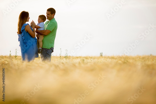 Young family with cute little boy having fun outdoors in the field