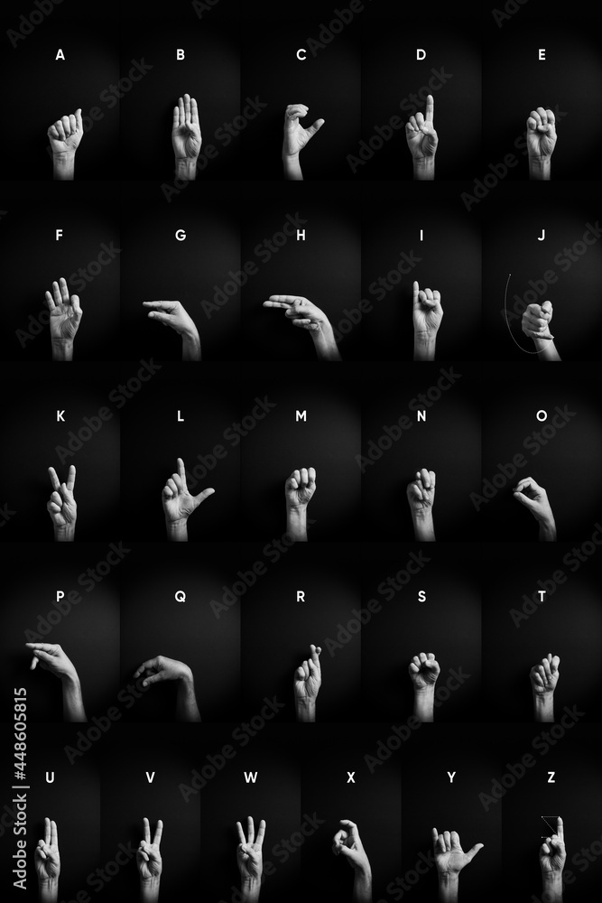 B&W image of hands demonstrating ASL sign language letters full