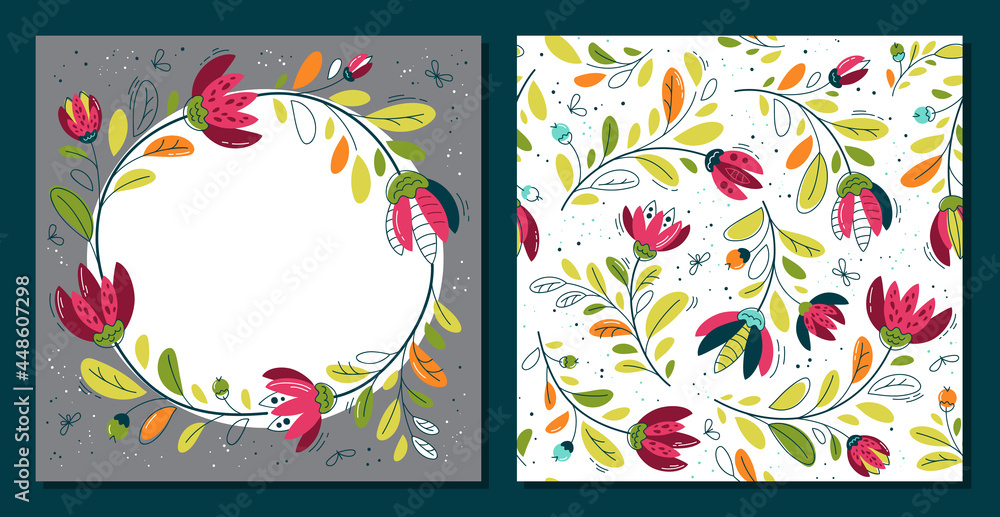 Multicolored flowers in flat style - seamless pattern and framе, banner. Background for fabric, textile, wallpaper, poster, web site, card, gift wrapping paper Multicolored flowers in flat style - seamless pattern and framе, banner. Background for fabric, textile, wallpaper, poster, web site, card, gift wrapping paper