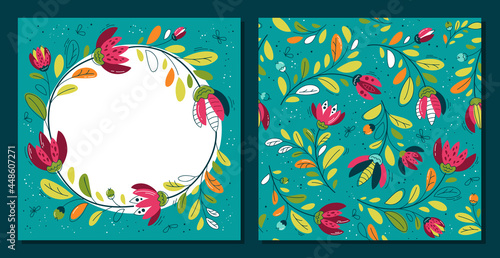 Multicolored flowers in flat style - seamless pattern and framе, banner. Background for fabric, textile, wallpaper, poster, web site, card, gift wrapping paper 