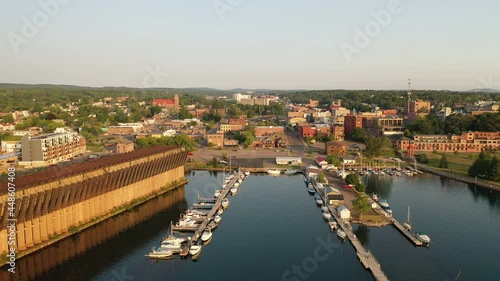 Aerial view of downtown of city of Marquette, Michigan state. Establishing shot of a small American city  photo