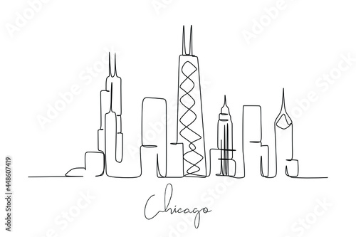 One single line drawing of Chicago city skyline, United States. Historical town landscape in the world. Best holiday destination. Editable stroke trendy continuous line draw design vector illustration