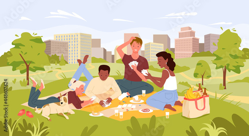 Cartoon urban cityscape with characters playing card game, drinking drinks and eating food from picnic bag together. Friends people on picnic party in summer city park landscape vector illustration
