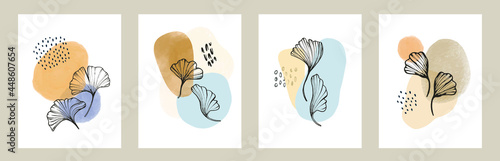Vector abstract florals in simple geometric shapes minimalistic line art. Hand drawn botanical elements, sketch foliage set. Natural colorful botanics in watercolor shapes.