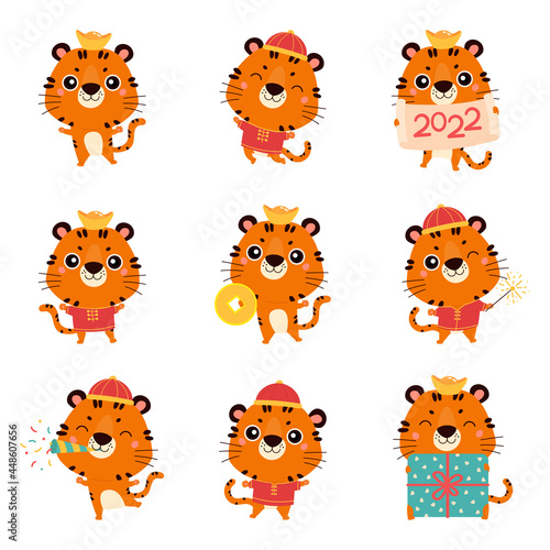 Fototapeta Naklejka Na Ścianę i Meble -  Set of cute cartoon tigers in traditional chinese costume. New year tigers with various festive attributes. Chinese new year 2022 symbol. Character design concept. Cartoon vector illustration.