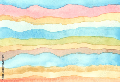 Abstract rainbow acrylic and watercolor wave strip line painting horizontal background. Texture paper.
