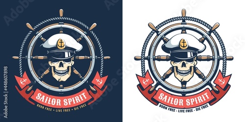 Captain seaman retro logo - skull with ship helm. Vintage seafarer emblem. Vector illustration.