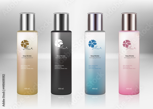 bottle set. Cosmetic blank vials for liquid drug. transparent bottles template with colorful glossy and matt cap. 3d Vector mockup package