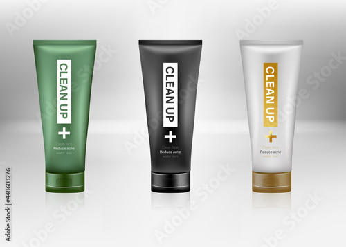 Cosmetic package mockups, 3d plastic  containers. Vector realistic set of shampoo or facial cream cleanser, lotion shower and shave gel, conditioner.