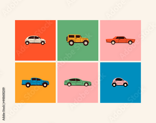 Various Cars or vehicles. Different types of cars: sedan, SUV, pickup, coupe, hatchback, retro car. Automobile, motor transport concept. Hand drawn trendy Vector illustration. Every car is isolated photo