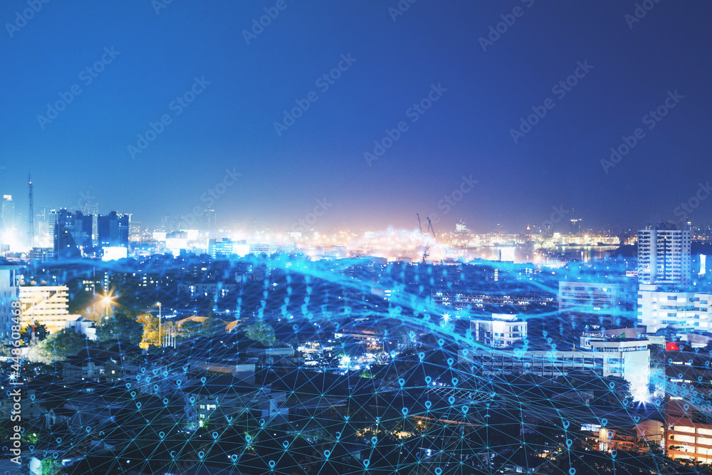 Creative glowing digital mesh with map markers on illuminated night city background with mock up place for your advertisement. Geo position and location concept. Double exposure. Creative glowing digital mesh with map markers on illuminated night city background with mock up place for your advertisement. Geo position and location concept. Double exposure.