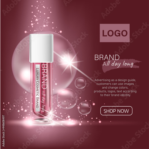 Ads red luxury Cosmetic with professional facial serum on the background of waves and light Effect. Template cosmetic products  Element for design, advertising, promotion of cosmetic