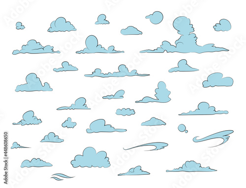 Set of blue sky, clouds isolated. Cloud icon, cloud shape. Collection of different clouds. Graphic element vector. Vector design element in cartoon style