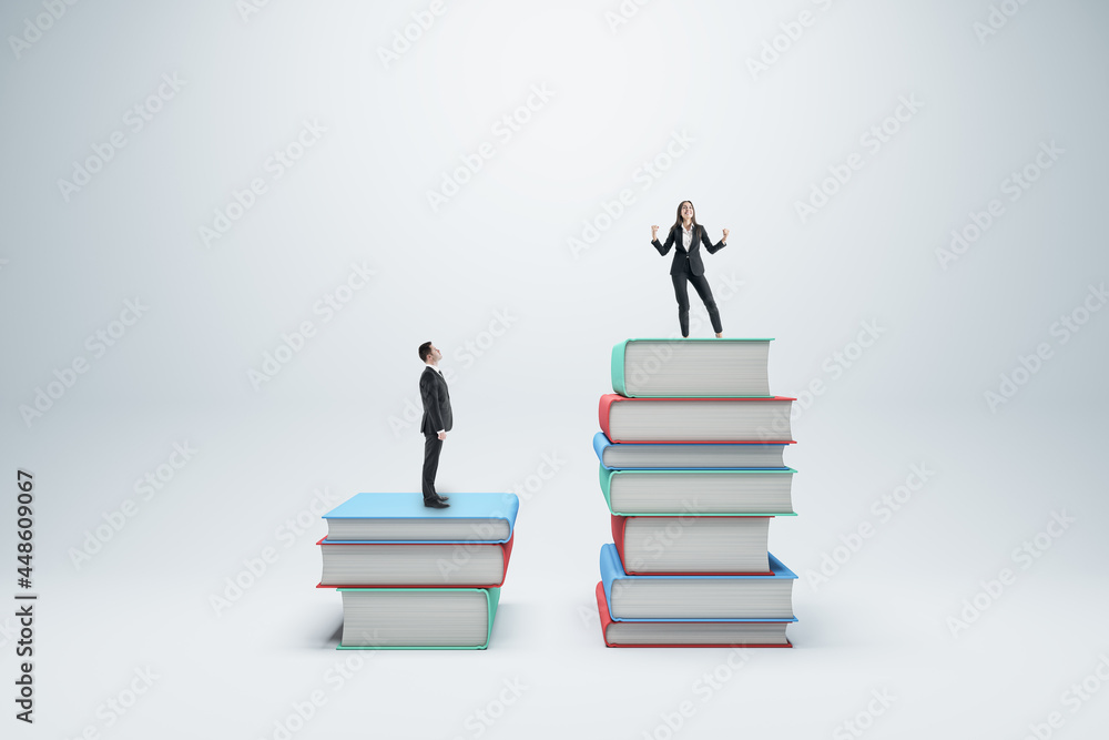 Businessman and woman standing on books on white background. Competition, education and knowledge concept.