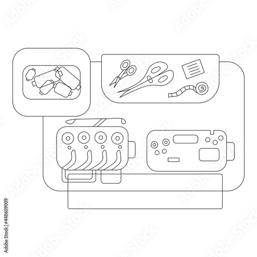 Workplace for a tailor, flat vector illustration. Cartoon needlework, seamstress dressmaker, design studio, table interior with sewing machine, sewing tools.