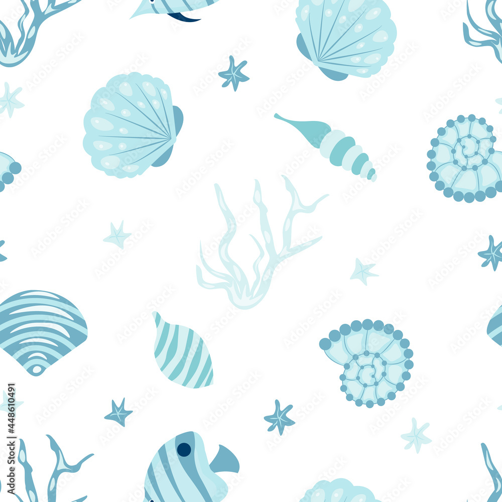 Seamless pattern with cute seashells and seaweed - vector illustration, eps Seamless pattern with cute seashells and seaweed - vector illustration, eps