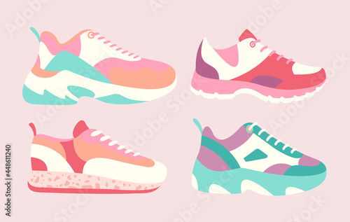 Snickers shoes vector illustration. Cartoon flat collection of man woman fashion footwear in different colors, sneakers shoes for fitness sport activity, casual fashionable footgear isolated on white