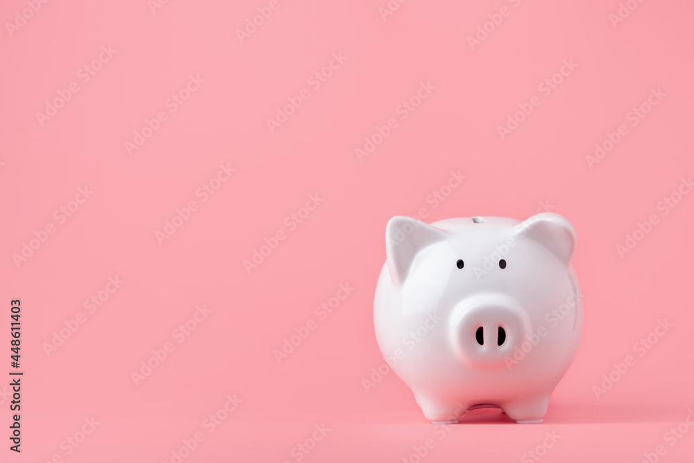 Money saving and investment concept. Piggy bank on pink background with copy space Money saving and investment concept. Piggy bank on pink background with copy space