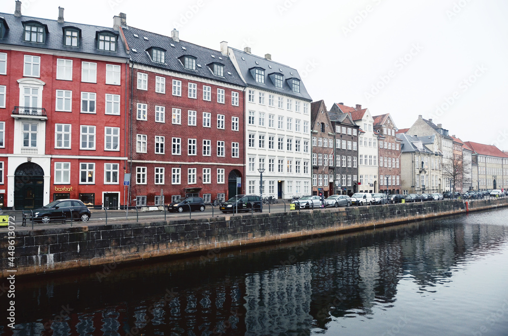 DENMARK, COPENHAGEN: Scenic cityscape view of architecture with old buildings and canals
