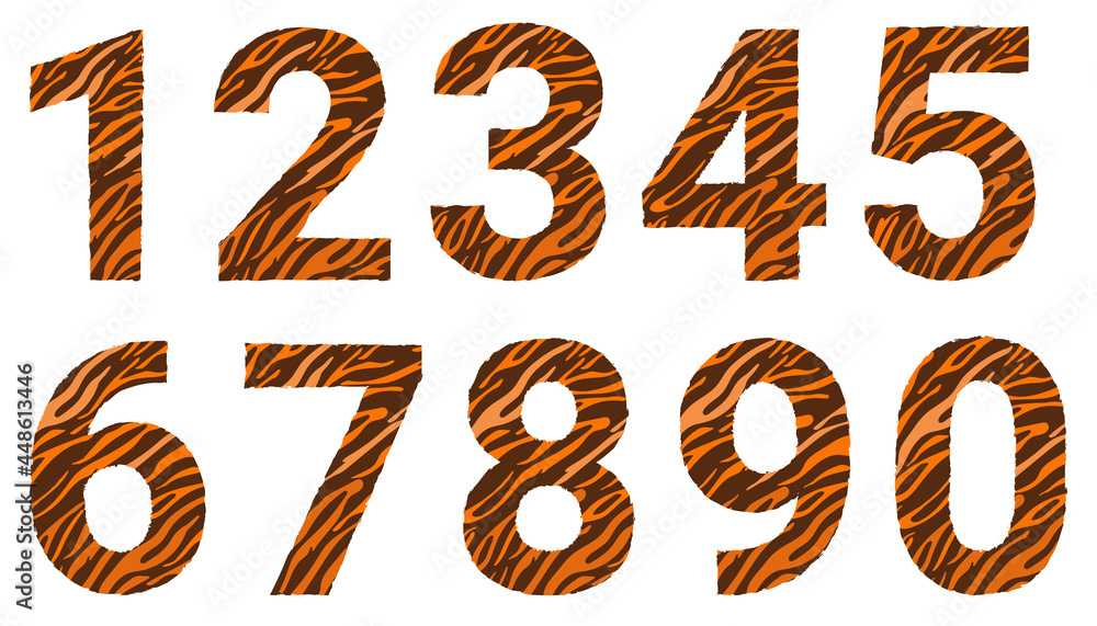 A set of numbers with a tiger pattern. Decorative striped numbers from 0 to 9. Vector illustration. Isolated elements for design and decoration A set of numbers with a tiger pattern. Decorative striped numbers from 0 to 9. Vector illustration. Isolated elements for design and decoration