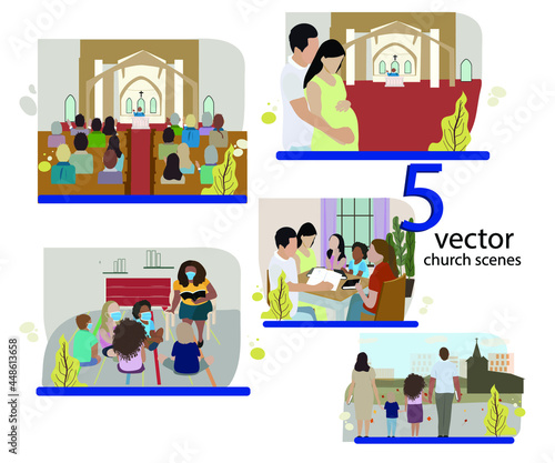 Flat vector illustration, Church congregation lifestyle scenes Set.