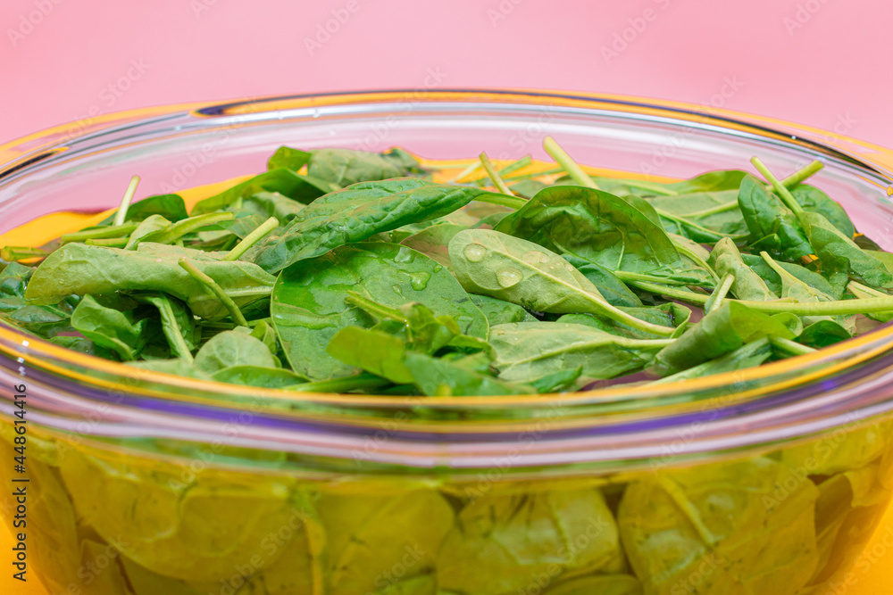 Fresh Baby Spinach Leaves in the Water in Glass Bowl on Yellow Background. Vegan and Vegetarian Culture. Raw Food, Green Leaves. Healthy Diet Fresh Baby Spinach Leaves in the Water in Glass Bowl on Yellow Background. Vegan and Vegetarian Culture. Raw Food, Green Leaves. Healthy Diet