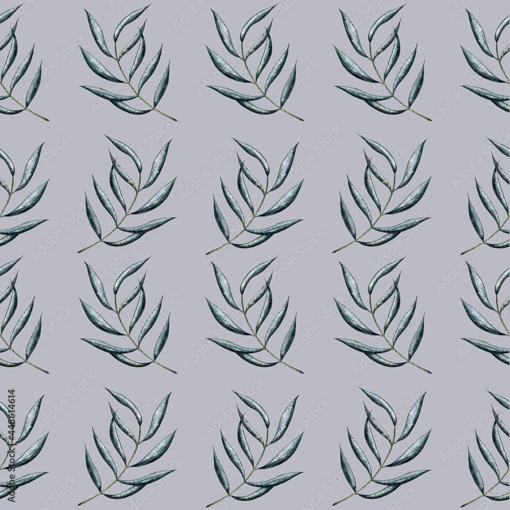 Fototapeta premium Seamless pattern, green leaves on grey background