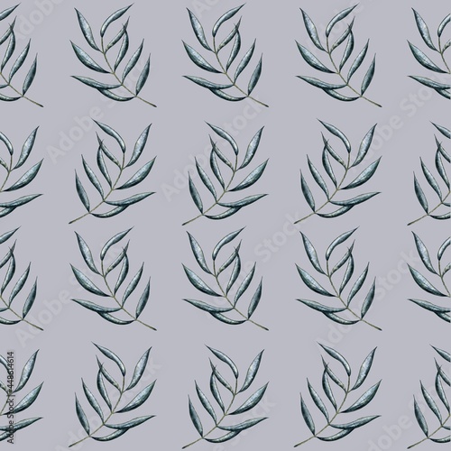 Seamless pattern, green leaves on grey background