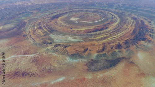 High altitude view of the Richat Structure or the Eye of Africa it is a prominent circular feature in the Sahara's Adrar Plateau near Ouadane west central Mauritania in Northwest Africa 4k animation