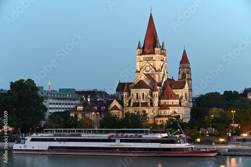 Canvas Print Saint Francis of Assisi Church by night in Vienna Austria