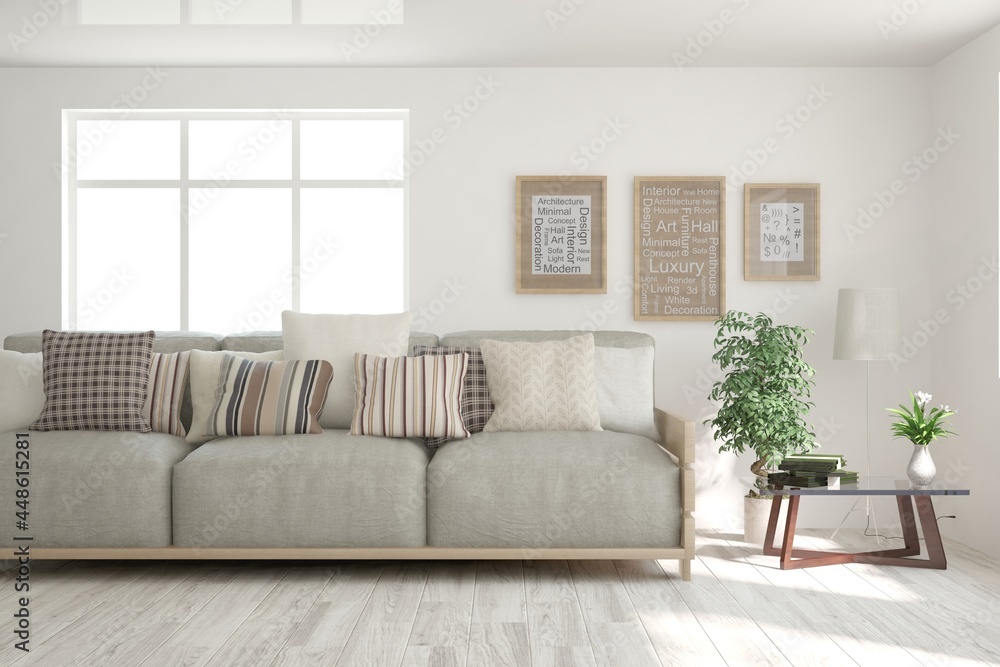 Fototapeta premium White living room with sofa. Scandinavian interior design. 3D illustration