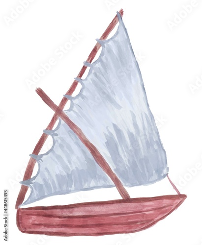Vector color drawing of one sailing boat, stylized as a watercolor. Simple clipart of dhow fishing vessel isolated on white background