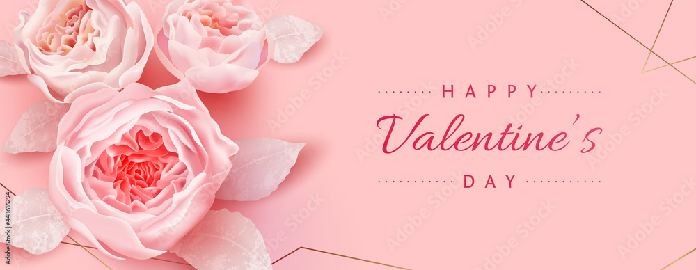 Happy Valentines Day Banner With Beautiful Flowers