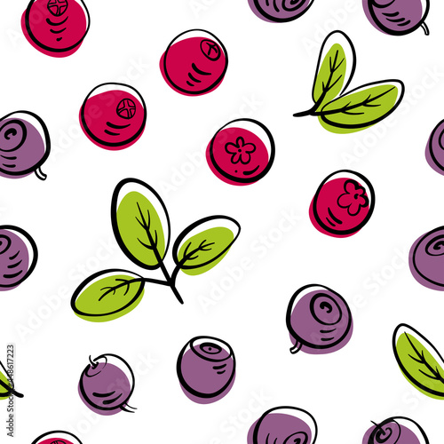 Seamless pattern with wild berries in colorful line sketchy style isolated on white background. Doodle hand drawn vector illustration