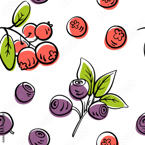Seamless pattern with berries in colorful line sketchy style isolated on white background. Doodle hand drawn vector illustration