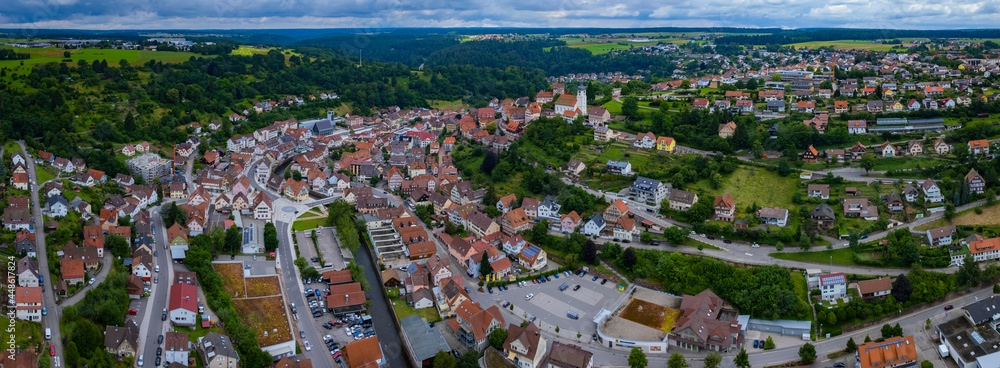 Aerial view of the old town of the city Altensteig in Germany. On a cloudy spring day.