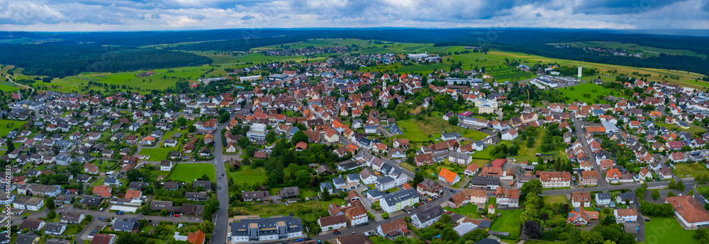  Aerial view around the city Pfalzgrafenweiler in Germany. On sunny day in spring