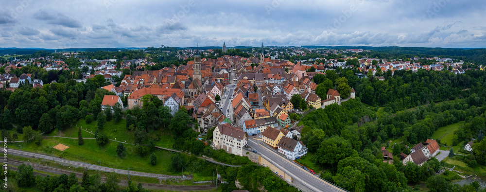 Aerial view of the old part of the city Rottweil in Germany. On a cloudy day in Spring.