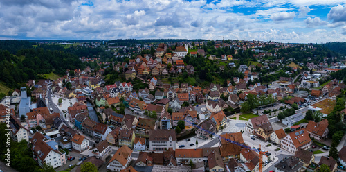 Aerial view of the old town of the city Altensteig in Germany. On a cloudy spring day.