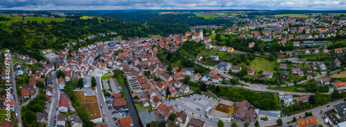 Aerial view of the old town of the city Altensteig in Germany. On a cloudy spring day.