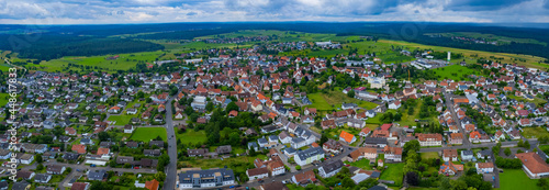  Aerial view around the city Pfalzgrafenweiler in Germany. On sunny day in spring