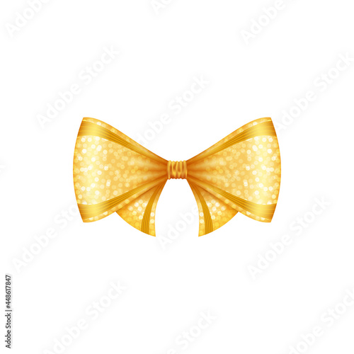 Vector realistic bow. Golden sparkling festive ribbon. Vector isolated shining decorative tape