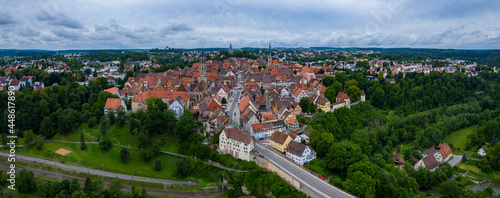 Aerial view of the old part of the city Rottweil in Germany. On a cloudy day in Spring.